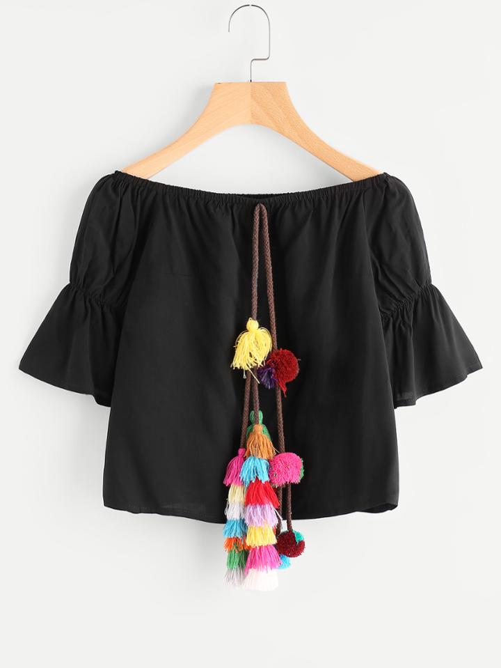 Romwe Tassel Pom Pom Front Flare Sleeve Top