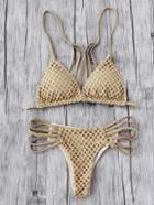 Romwe Hollow Out Weave Straps One-piece Bikini Set