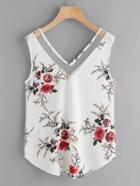 Romwe Mesh Double V Neck Curved Floral Tank Top
