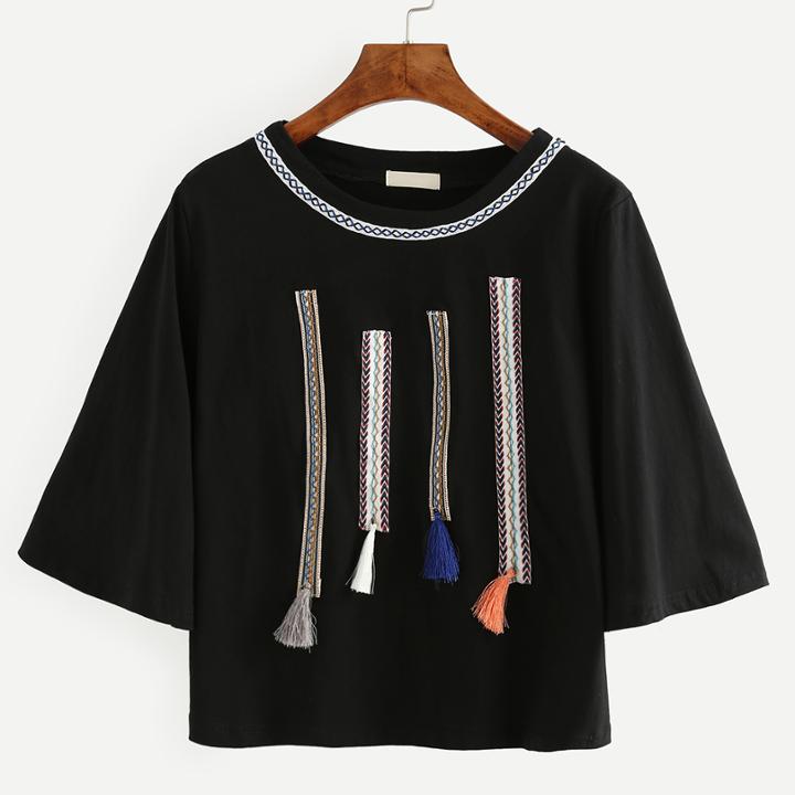 Romwe Embroidered Black Loose T-shirt With Tassel