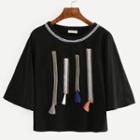 Romwe Embroidered Black Loose T-shirt With Tassel