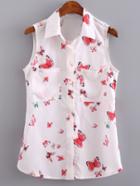 Romwe White Lapel Pockets Buttons Butterfly Printed Blouse