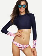 Romwe Multicolor Printed Mix & Match Crop Rash Guard Swimwear