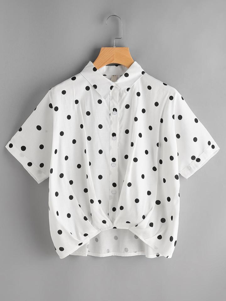 Romwe Textured Dots Print Dip Hem Shirt