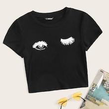 Romwe Wink Eyes Print Crop Tee