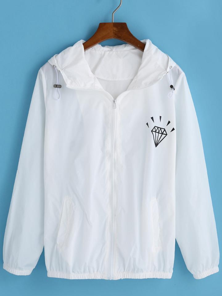 Romwe Hooded Letter Print With Zipper Coat