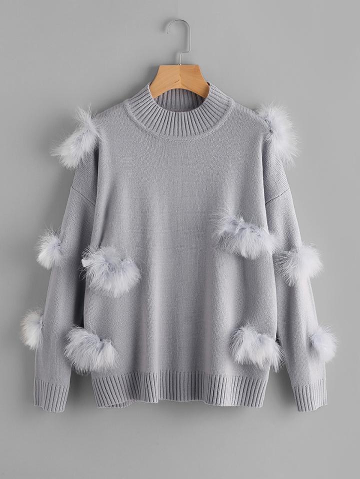 Romwe Ribbed Trim Faux Fur Ball Applique Jumper
