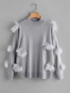 Romwe Ribbed Trim Faux Fur Ball Applique Jumper