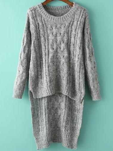 Romwe Cable Knit High Low Grey Sweater