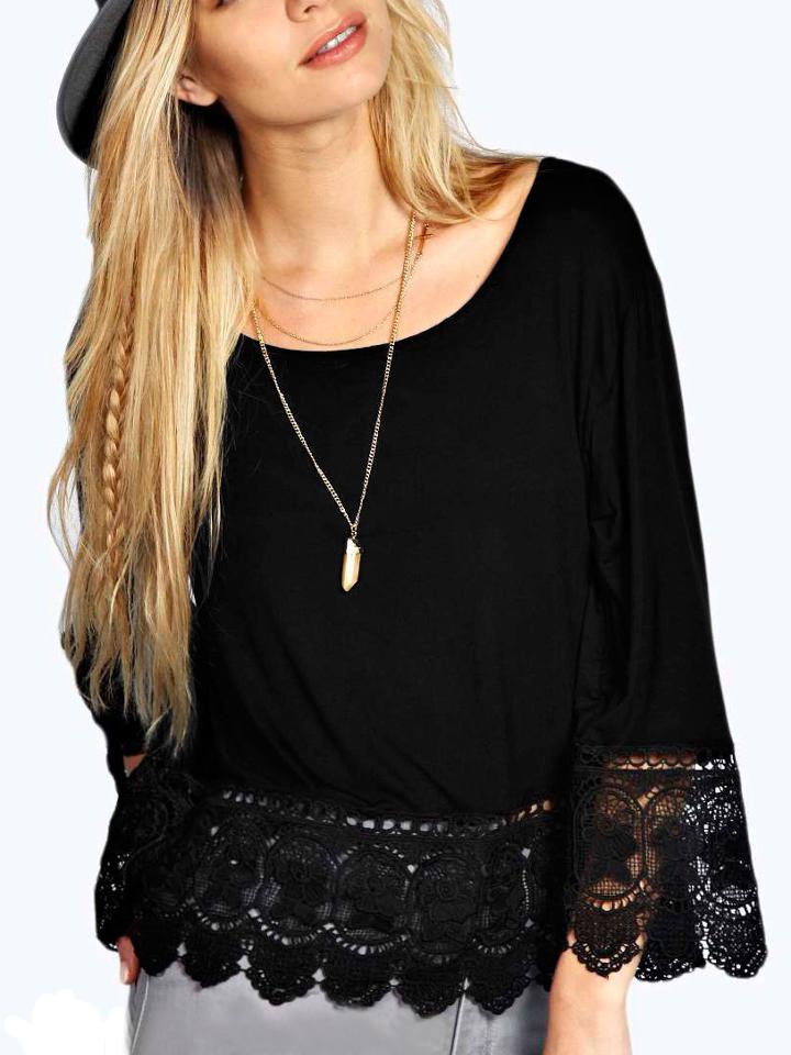 Romwe Lace Crochet Hollow Black Blouse