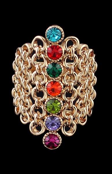 Romwe Multicolored Gemstone Gold Hollow Ring