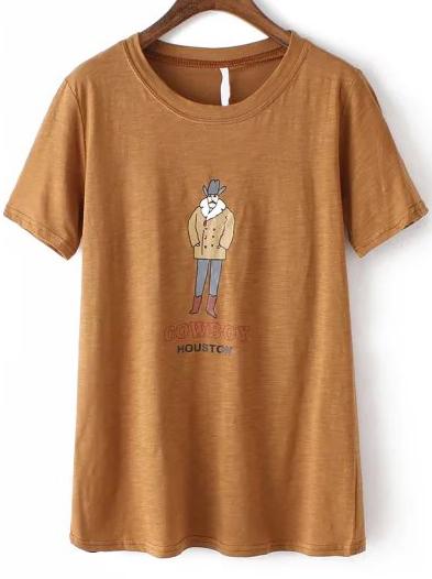 Romwe Cowboy Print Khaki T-shirt
