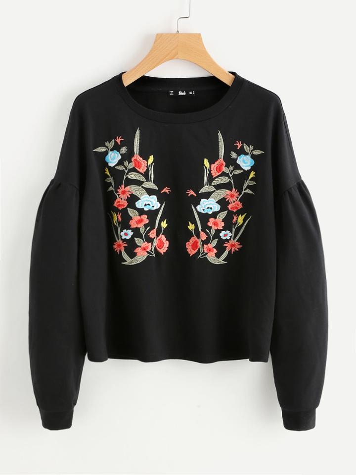 Romwe Drop Shoulder Puff Sleeve Botanical Embroidery Sweatshirt