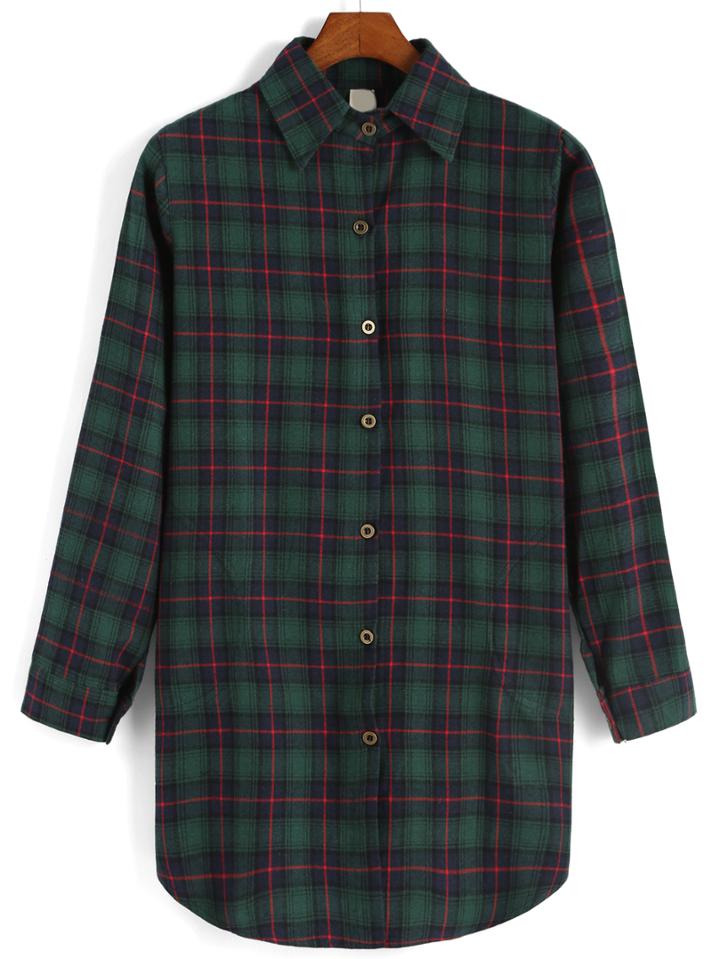 Romwe Lapel Plaid Buttons Green Blouse