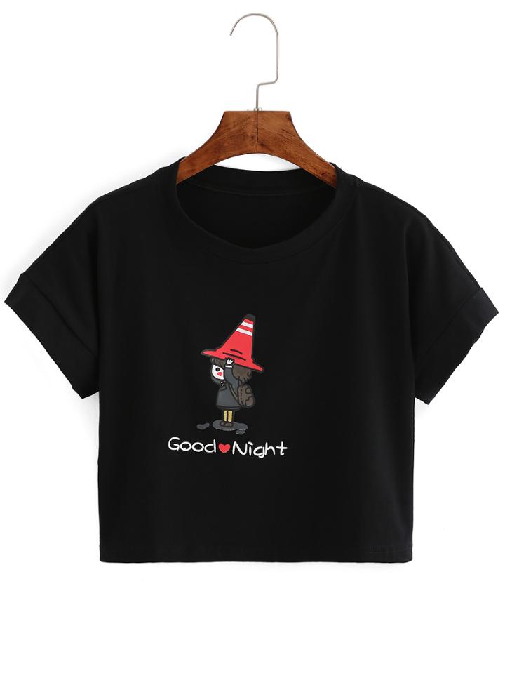 Romwe Cartoon Print Crop Black T-shirt