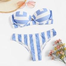 Romwe Striped Underwire Bandeau Bikini Set
