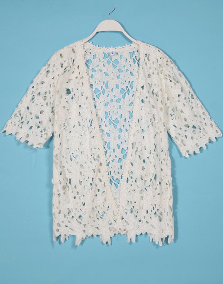 Romwe Crochet Lace Short Sleeve Beige Open Top