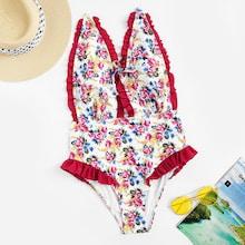 Romwe Random Floral Frill Trim Backless One Piece Swim