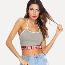 Romwe Contrast Letter Hem Halter Crop Top