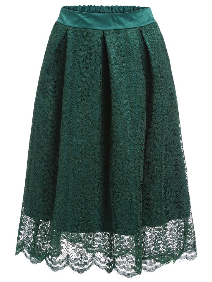 Romwe Elastic Waist Lace Green Skirt
