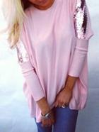 Romwe Dip Hem Sequined Dolman Pink T-shirt