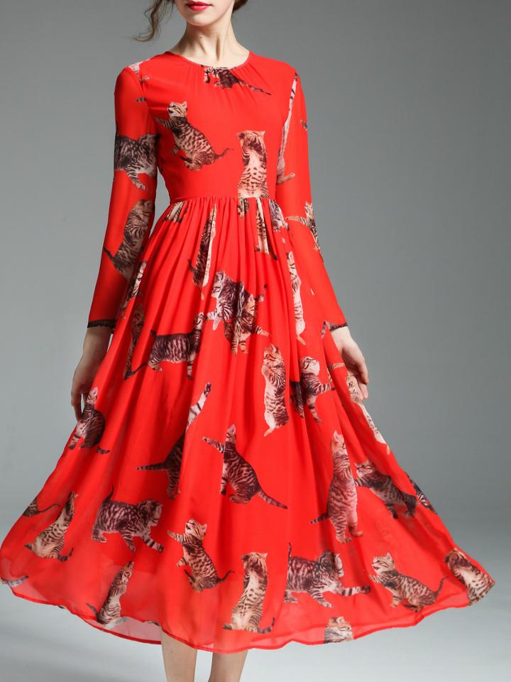Romwe Red Cats Print A-line Dress