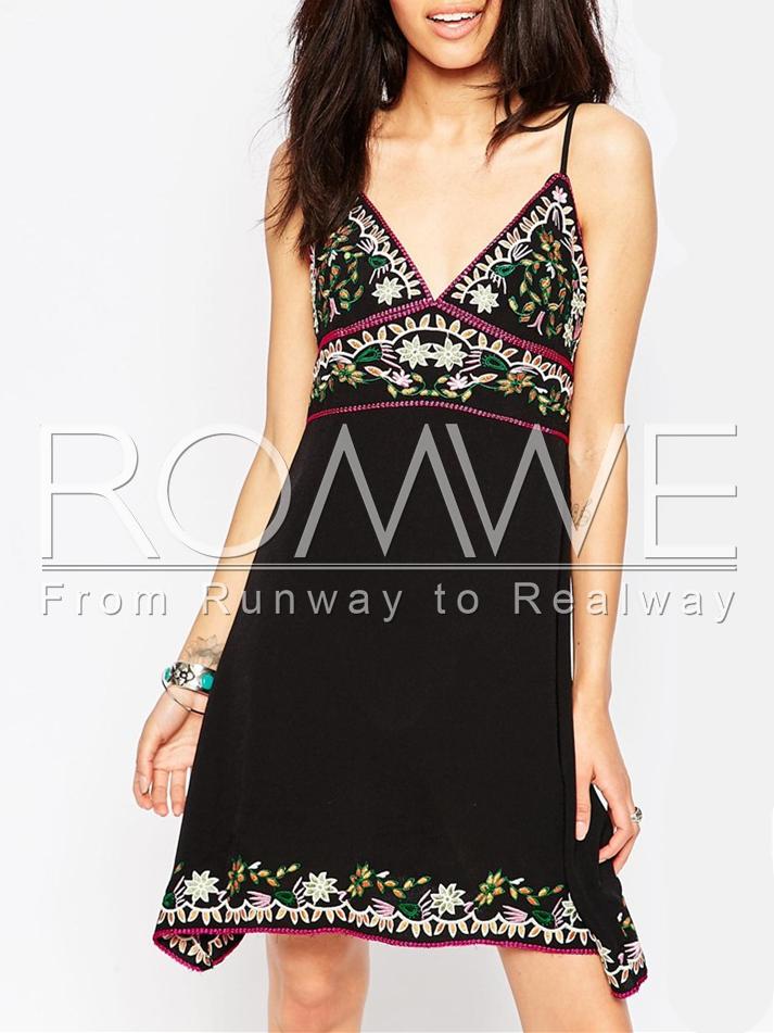 Romwe Black Spaghetti Strap Backless Tribal Embroidered Dress