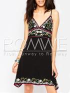 Romwe Black Spaghetti Strap Backless Tribal Embroidered Dress