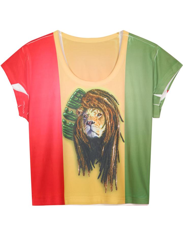 Romwe Color-block Leopard Head Print Crop T-shirt