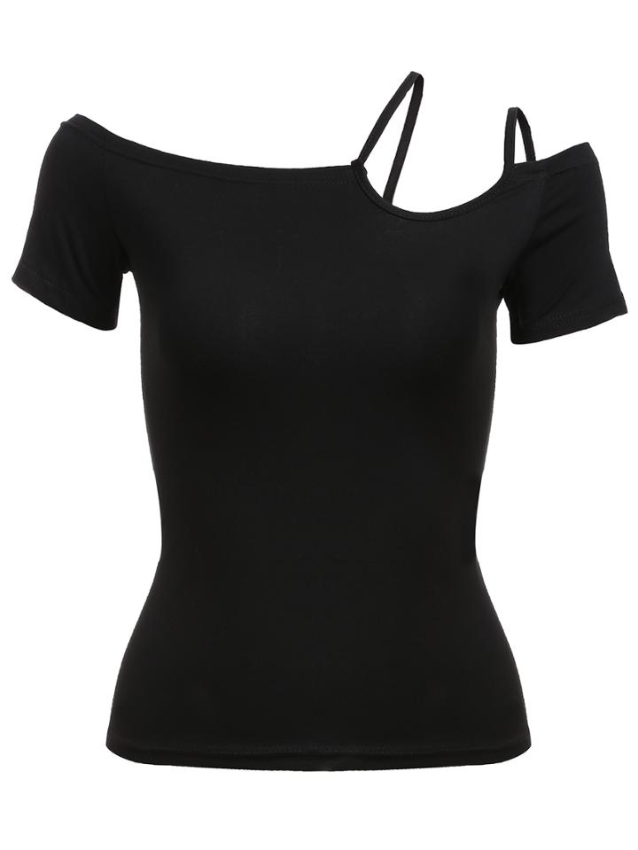 Romwe Asymmetric Strappy Shoulder T-shirt