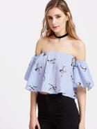 Romwe Bardot Pinstripe Crane Print Crop Top