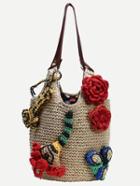 Romwe Multicolor Rose Applique Straw Bucket Bag