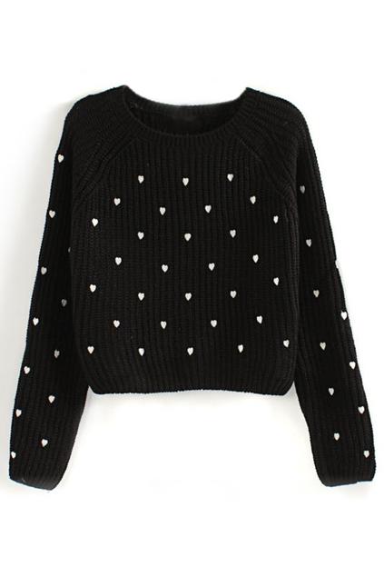 Romwe Heart Embroidered Black Jumper