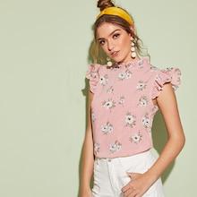Romwe Frilled Neckline Striped & Flower Print Top