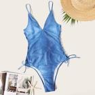 Romwe Lace-up Low Back Denim One Piece Swimsuit