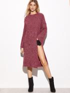 Romwe Burgundy Drop Shoulder High Slit Side Distressed Sweater