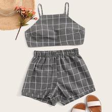 Romwe Grid Print Zipper Back Cami Top With Shorts