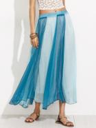 Romwe Blue Green Colorblock Elastic Waist Pleated Skirt