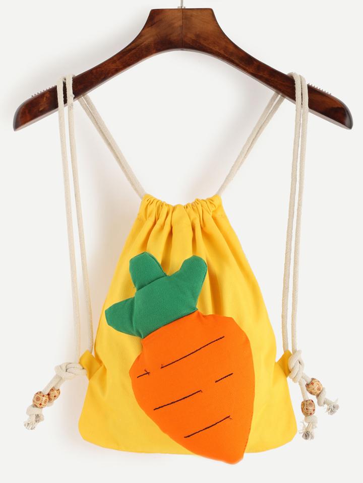 Romwe Yellow Plush Carrot Embellished Drawstring Canvas Backpack