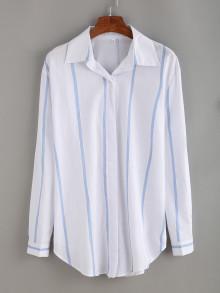 Romwe Vertical Striped Pointed Collar Curved Hem Shirt