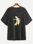 Romwe Black Banana Embroidery Velvet T-shirt