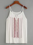 Romwe White Keyhole Tie Neck Embroidered Cami Top