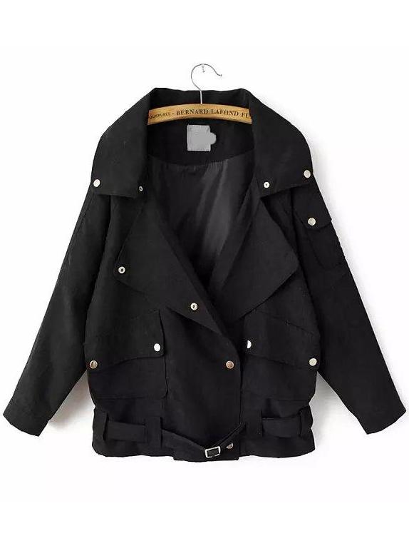 Romwe Lapel With Pockets Self-tie Black Coat