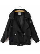 Romwe Lapel With Pockets Self-tie Black Coat