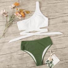 Romwe One Shoulder Wrap Top With Rib-knit Bikini Set
