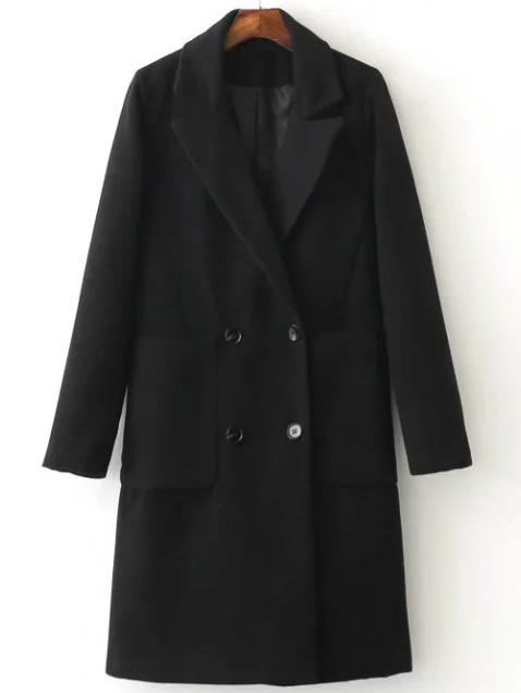 Romwe Black Double Breasted Coat With Pocket