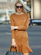 Romwe Khaki Round Neck Long Sleeve Ruffle Dress