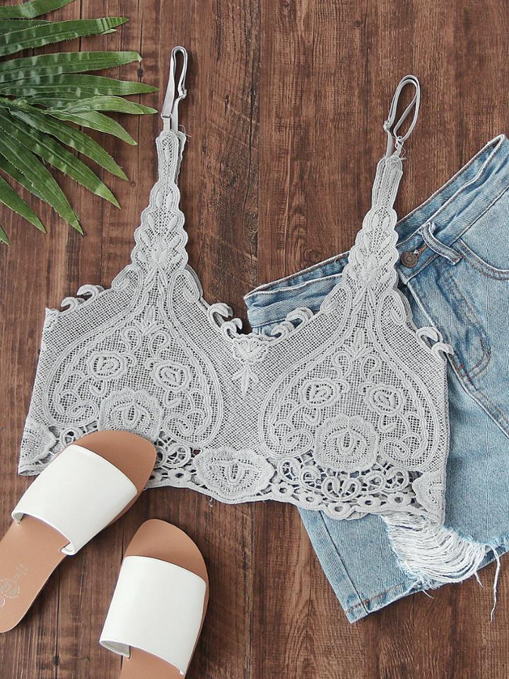 Romwe Hollow Out Crop Lace Cami Top