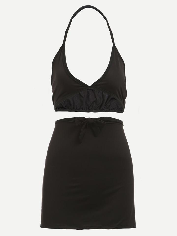 Romwe Black Halter Neck Top With Skirt