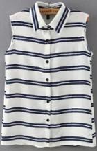 Romwe Lapel With Buttons Striped Navy Tank Top